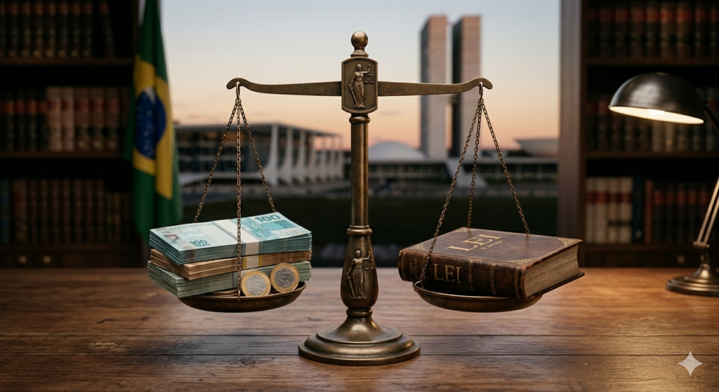 Balança da justiça equilibrando maços de dinheiro e um livro de lei com o Congresso Nacional ao fundo