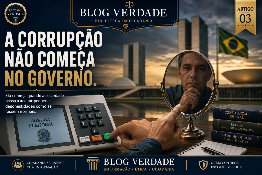 Uma mão votando em uma urna eletrônica diante de um espelho que reflete o rosto de um homem reflexivo, com o Congresso Nacional ao fundo. A imagem ilustra que a origem da corrupção começa na consciência individual e nos pequenos atos diários.