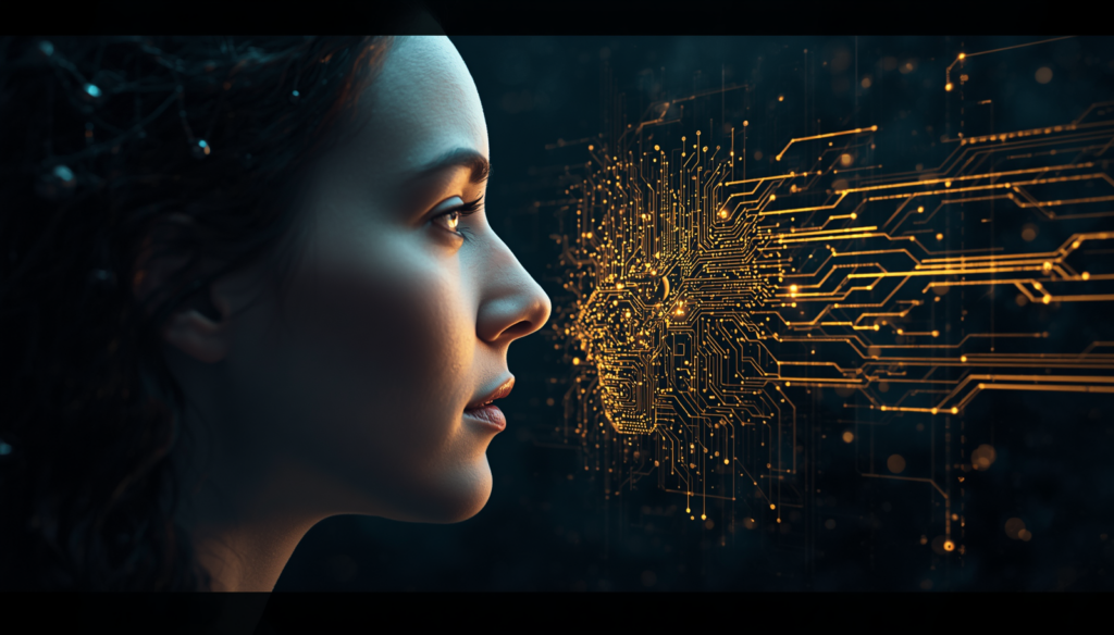 Ilustração conceitual de um perfil humano integrado a conexões digitais douradas e redes neurais brilhantes, simbolizando a evolução da inteligência artificial e a sinergia com o cérebro humano.