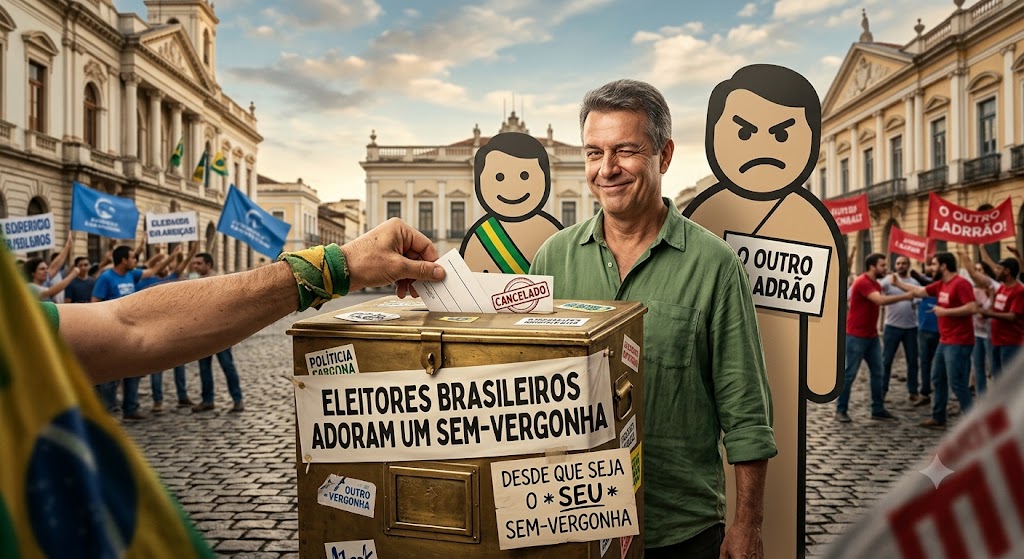 Ilustração conceitual sobre a polarização política no Brasil mostrando uma urna com cartazes sobre a escolha dos eleitores.