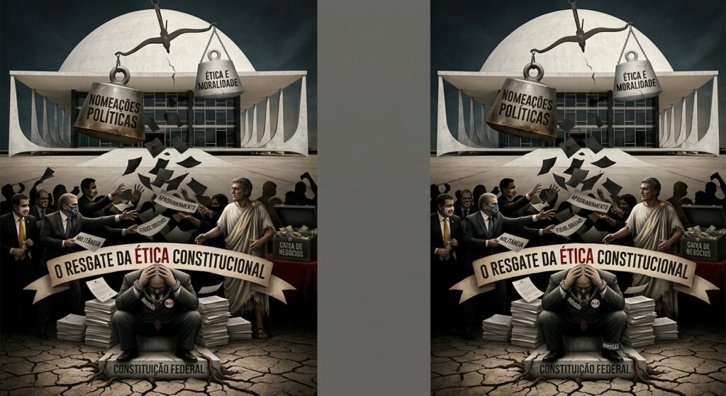 Representação visual da crise constitucional brasileira. Uma balança inclinada no STF favorece o peso 'Nomeações Políticas', derrubando folhas sobre um homem sentado no chão simbolizando a 'Constituição Federal'. Pessoas em trajes modernos e gregos observam, uma delas segurando uma mala que diz 'Caixa de egócios'.