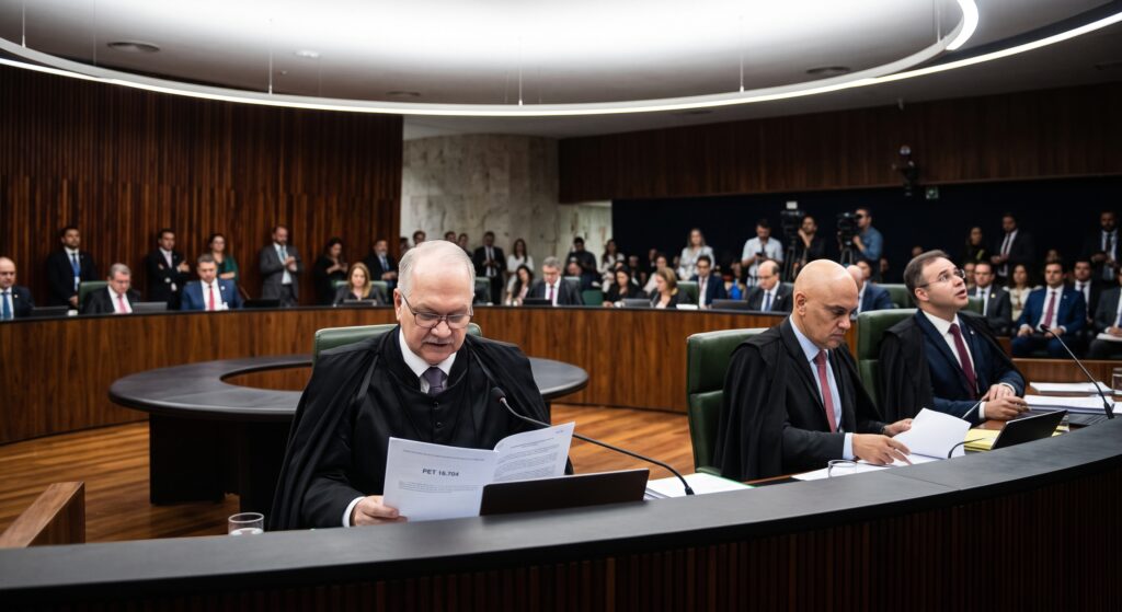 Ministro Edson Fachin lê a Petição 16.704 durante sessão do STF, ladeado pelos Ministros Alexandre de Moraes e André Mendonça.