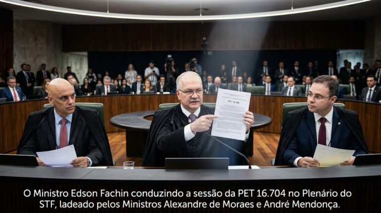 Ministro Edson Fachin lê a Petição 16.704 durante sessão do STF, ladeado pelos Ministros Alexandre de Moraes e André Mendonça.
