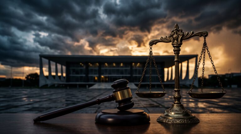 Martelo da justiça e balança de metal em primeiro plano com a silhueta do prédio do STF sob céu dramático ao fundo, simbolizando a crise do STF e Governo Lula.