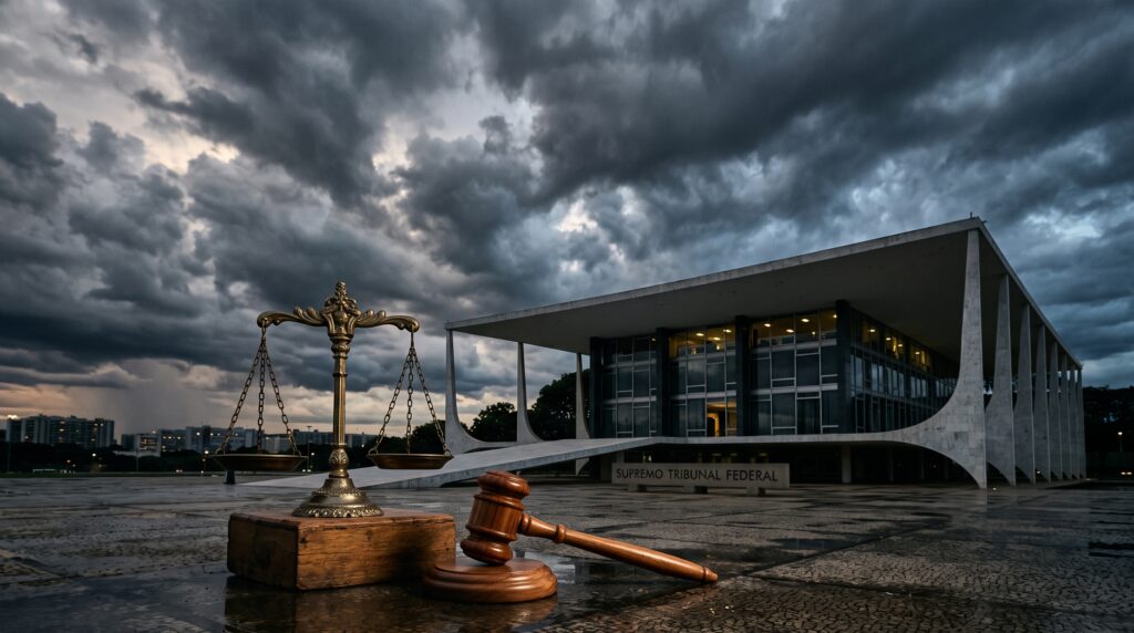 Edifício do Supremo Tribunal Federal (STF) sob céu nublado, com uma balança da justiça e um martelo de juiz em destaque em primeiro plano.