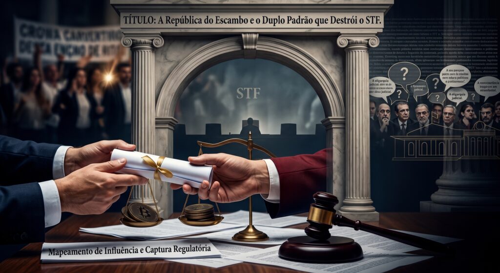 Ilustração conceitual sobre a República do Escambo no STF, exibindo a balança da justiça desequilibrada e o martelo do Judiciário sobre documentos.