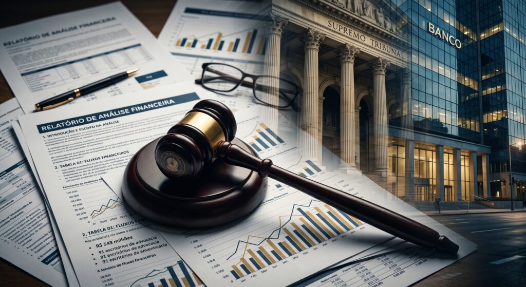 Relatório de análise financeira do Banco Master ao lado de um martelo da justiça, representando investigação forense e influência no Poder Judiciário.