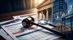 Lupa sobre documentos de auditoria financeira com gráficos e pilares de tribunal ao fundo, representando a investigação do Caso Banco Master.