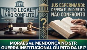 Uma composição gráfica em tons sóbrios, dividida por uma linha central, representa o rito legal e o direito de defesa no STF. Do lado esquerdo, sobre um fundo de mármore azul-esverdeado, vê-se a fachada estilizada do Supremo Tribunal Federal (STF) em Brasília e um texto sobreposto que diz: 'O RITO LEGAL DO PROCESSO'. Do lado direito, com tons mais claros e terrosos, uma mão segura um livro aberto (simbolizando a lei) com o texto: 'JUS ESPERNIANDI: DEFESA NÃO É CONFRONTO'. Uma faixa horizontal na parte inferior une as duas partes e traz a manchete: 'MORAES vs. MENDONÇA NO STF: GUERRA INSTITUCIONAL OU RITO DA LEI?'. A imagem ilustra a tese de que o cumprimento de protocolos processuais não representa conflito pessoal entre os ministros.