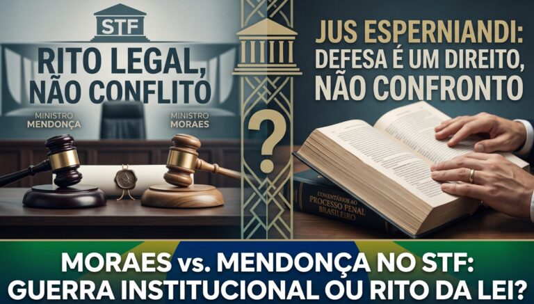 Uma composição gráfica em tons sóbrios, dividida por uma linha central, representa o rito legal e o direito de defesa no STF. Do lado esquerdo, sobre um fundo de mármore azul-esverdeado, vê-se a fachada estilizada do Supremo Tribunal Federal (STF) em Brasília e um texto sobreposto que diz: 'O RITO LEGAL DO PROCESSO'. Do lado direito, com tons mais claros e terrosos, uma mão segura um livro aberto (simbolizando a lei) com o texto: 'JUS ESPERNIANDI: DEFESA NÃO É CONFRONTO'. Uma faixa horizontal na parte inferior une as duas partes e traz a manchete: 'MORAES vs. MENDONÇA NO STF: GUERRA INSTITUCIONAL OU RITO DA LEI?'. A imagem ilustra a tese de que o cumprimento de protocolos processuais não representa conflito pessoal entre os ministros.