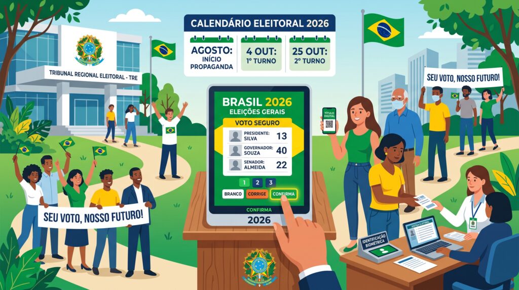 Infográfico das Eleições 2026 Resolução TSE 23.759 mostrando urna eletrônica e votação democrática no Brasil.