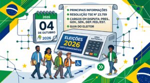 Uma imagem destacada para um blogue sobre as eleições brasileiras de 2026 e a Resolução TSE 23.759. Mostra uma urna eletrônica com 'ELEIÇÕES 2026' e '04 DE OUTUBRO' em destaque, cercada por ícones que representam a democracia, acessibilidade, segurança e um calendário. Diversos cidadãos brasileiros caminham em direção à urna. As cores são inspiradas na bandeira brasileira, com um estilo moderno e corporativo. O texto 'GUIA COMPLETO DO ELEITOR' e 'RESOLUÇÃO TSE Nº 23.759' também estão integrados.