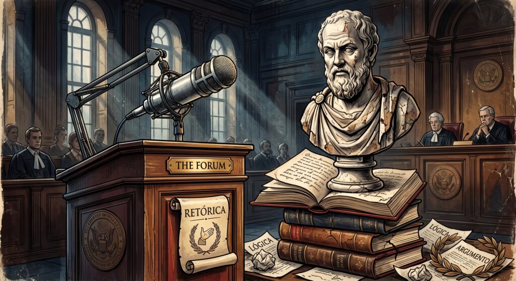 Ilustração estilo gravura em tribunal jurídico, com um busto clássico de filósofo grego sobre livros de leis, um microfone de pódio com o texto "Retória" e papéis espalhados com as palavras "Lógica" e "Argumento", simbolizando o uso da filosofia no direito.