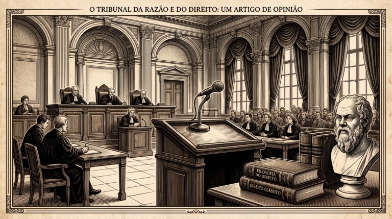 Imagem em proporção 16:9 no estilo gravura clássica de um tribunal de justiça, com um busto de filósofo grego sobre livros de direito, um pódio ao centro e magistrados sentados à mesa em sessão plenária.