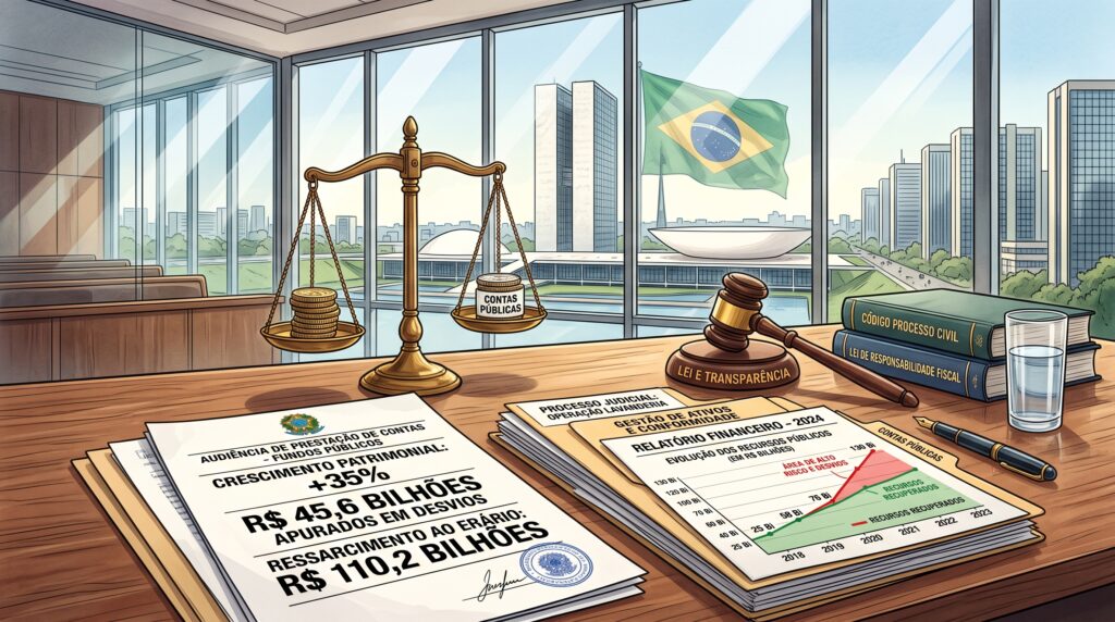alt="Imagem em destaque de 16:9 mostrando relatórios financeiros, balança da justiça e gráficos de bilhões de reais relacionados ao Judiciário e precatórios"
