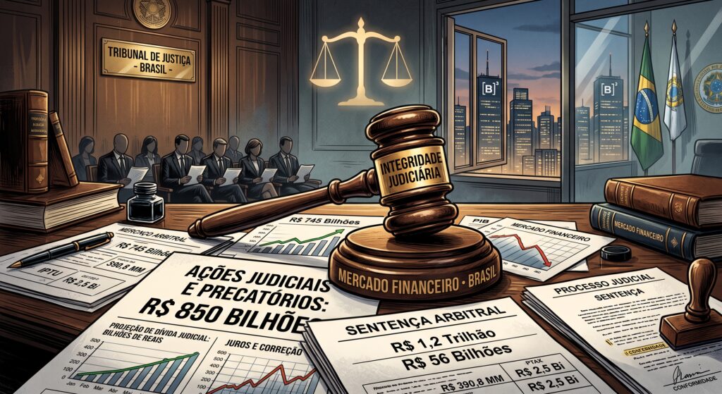 alt="Ilustração representando ações judiciais, precatórios e bilhões de reais no mercado financeiro e no Judiciário brasileiro"