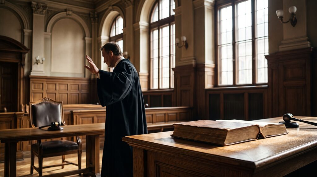Exemplo de atitudes de uma pessoa maligna no poder: magistrado em tribunal antigo de madeira com o martelo da justiça e livros jurídicos sobre a mesa.