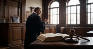 Exemplo de atitudes de uma pessoa maligna no poder: magistrado em tribunal antigo de madeira com o martelo da justiça e livros jurídicos sobre a mesa.