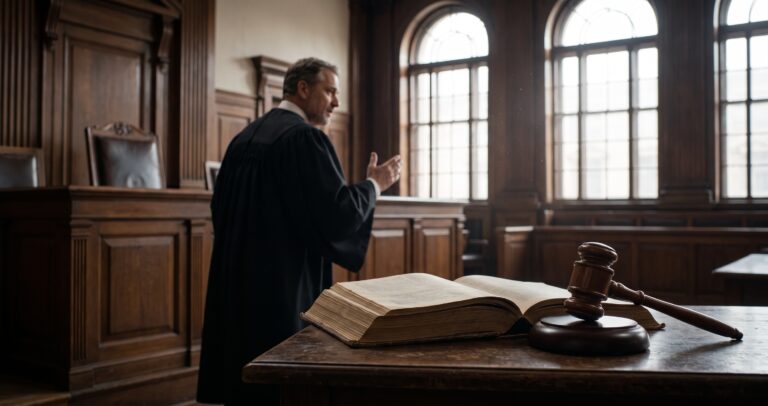 Exemplo de atitudes de uma pessoa maligna no poder: magistrado em tribunal antigo de madeira com o martelo da justiça e livros jurídicos sobre a mesa.