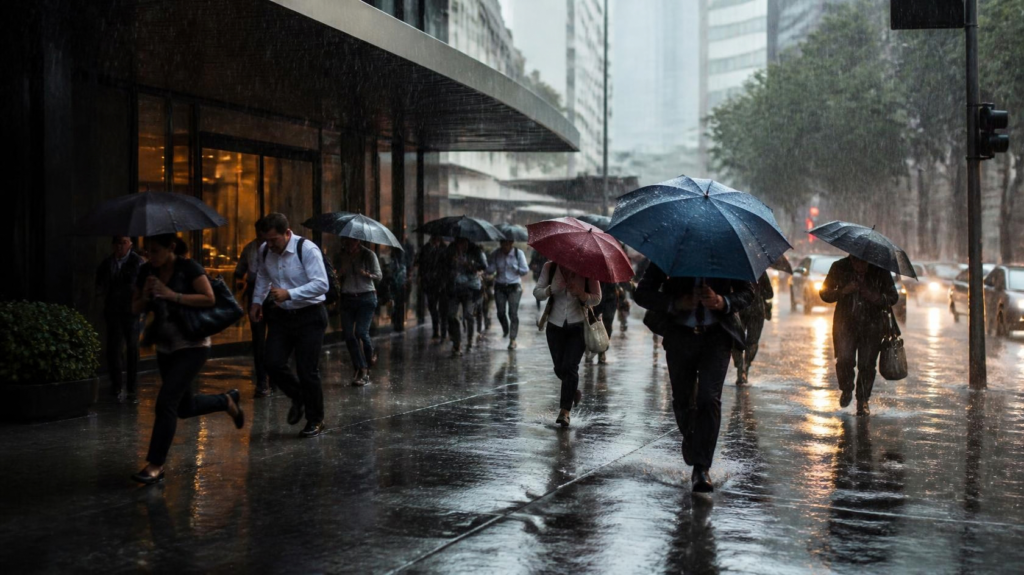 Pessoas andando na chuva procurando abrigo para não se molhar.