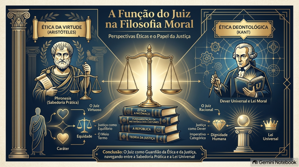 Infográfico sobre a função do juiz na filosofia moral comparando a ética aristotélica e o dever kantiano. A Função do Juiz na Filosofia Moral.