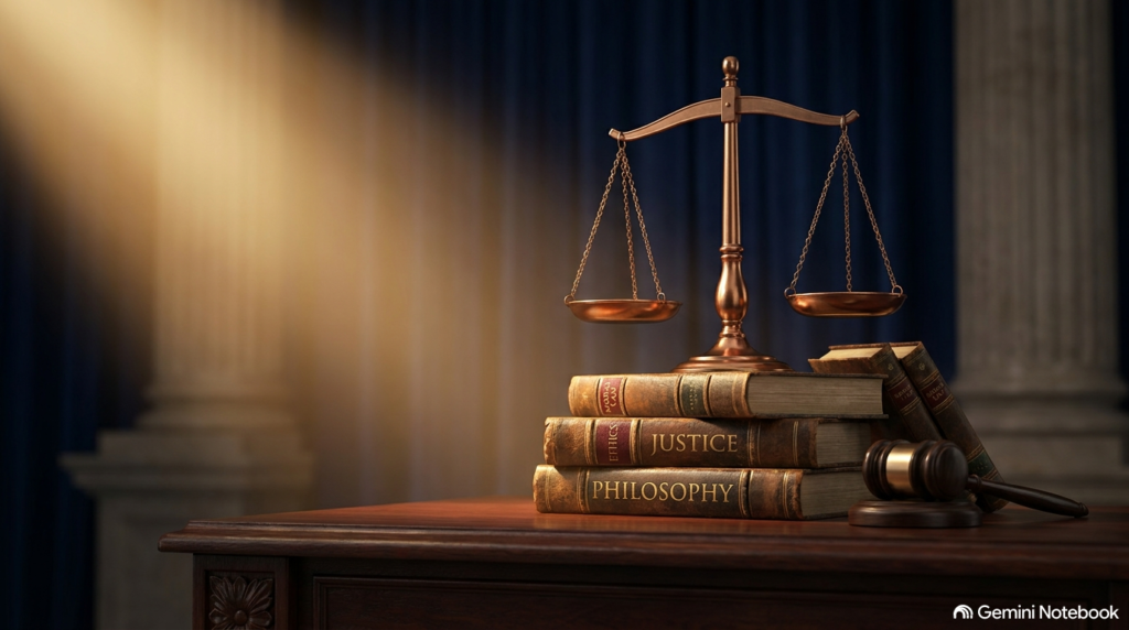 Balança da justiça sobre livros clássicos de filosofia moral em imagem destacada sobre a função do juiz na filosofia.