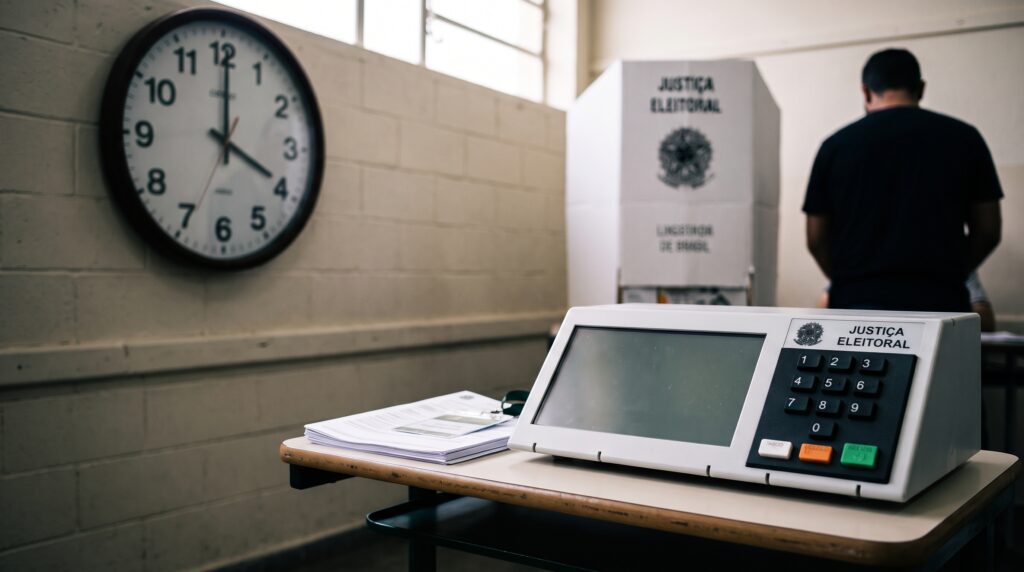 Urna eletrônica da Justiça Eleitoral sobre uma mesa de seção votação, com uma cabina e um relógio de parede ao fundo marcando 16 horas.