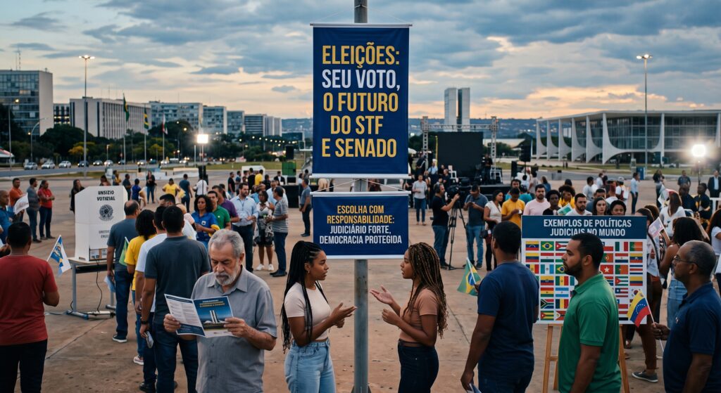 Uma fotografia em plano médio e ângulo ligeiramente elevado captura a Esplanada dos Ministérios em Brasília ao entardecer, repleta de cidadãos brasileiros. O centro da imagem apresenta um estandarte vertical com texto em amarelo e branco sobre um fundo azul escuro que diz: 'ELEIÇÕES: SEU VOTO, O FUTURO DO STF E SENADO'. Abaixo dele, uma faixa menor exibe: 'ESCOLHA COM RESPONSABILIDADE: JUDICIÁRIO FORTE, DEMOCRACIA PROTEGIDA'. Pessoas de diversas origens caminham, lêem e conversam. Um homem idoso na frente lê um folheto sobre o Supremo Tribunal Federal, enquanto duas jovens conversam perto dele. Ao lado, um display mostra bandeiras internacionais com o título 'EXEMPLOS DE POLÍTICAS JUDICIAIS NO MUNDO', destacando a bandeira da Venezuela. A atmosfera é de engajamento cívico e reflexão, com a arquitetura de Brasília sob um céu crepuscular.