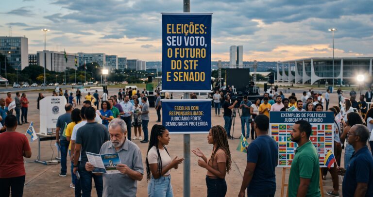 Uma imagem de destaque em 1200x630 pixels da Esplanada dos Ministérios em Brasília ao crepúsculo, derivada da cena em image_0.png. O foco central está nos dois banners de texto azul; o superior, com letras amarelas, exibe o texto: 'ELEIÇÕES: SEU VOTO, O FUTURO DO STF E SENADO'. O banner inferior exibe o texto: 'ESCOLHA COM RESPONSABILIDADE: JUDICIÁRIO FORTE, DEMOCRACIA PROTEGIDA'. A praça está movimentada com cidadãos envolvidos em atividades cívicas e educacionais sobre o processo eleitoral. No centro, o idoso de image_0.png lê seu livreto sobre o STF, cercado pelas jovens conversando. À direita, o painel com o collage de bandeiras mundiais e o título 'EXEMPLOS DE POLÍTICAS JUDICIAIS NO MUNDO' é visível, com a bandeira da Venezuela. A iluminação é suave e ambiente, realçando a textura da multidão e a arquitetura monumental de Brasília contra um céu nublado ao entardecer. A composição é nítida, com os banners em destaque.